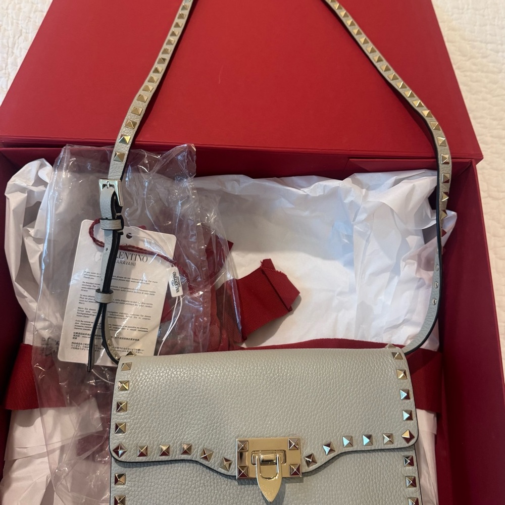 Valentino Gray Rockstud Crossbody Bag with Gold Clasp